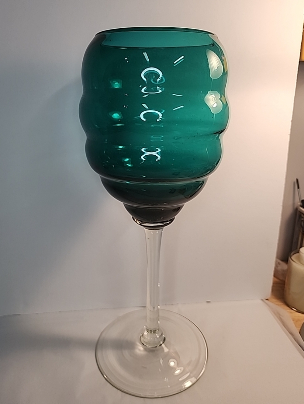 Vintage EMPOLI Teal Green Glass Vase Snifter Beehive Ribbed 13in Clear Stem
